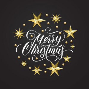 愉快的圣诞节金色的星装饰和美术字字体为
