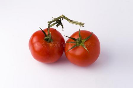 新鲜的番茄向白色的背景.两个红色的成熟的番茄伊斯拉特