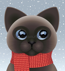小猫使人疲乏的红色的围巾