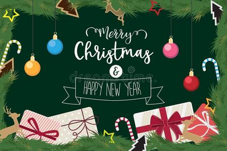圣诞节和幸福的新的年装饰球赠品关于松树