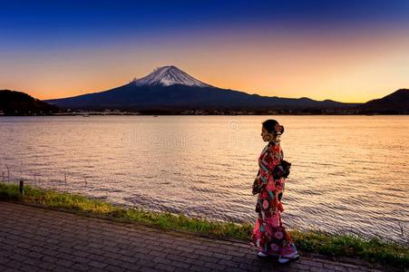 亚洲人女人使人疲乏的日本人传统的和服在紫藤山