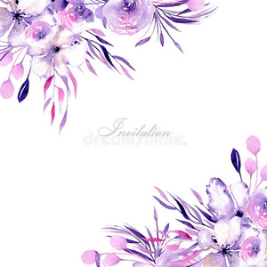 花的设计卡片和水彩紫色的玫瑰和杜鹃花
