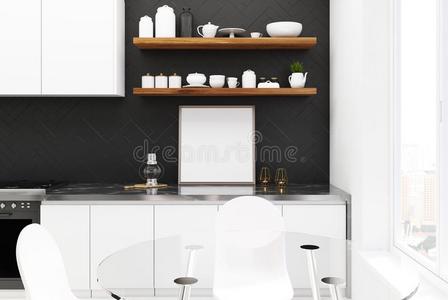 黑的木制的厨房,白色的椅子,海报