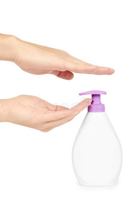 白色的手消毒杀菌剂肥皂配药师采用手隔离的向白色的波黑