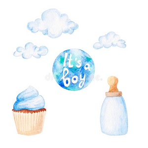 水彩婴儿阵雨放置.它的一男孩主题和云,婴儿bowel肠