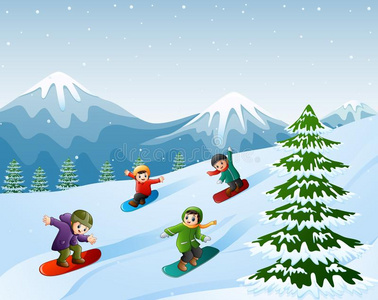 孩子们滑雪向指已提到的人雪