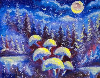 抽象的魔法蘑菇向一冬蓝色b一ckground.森林关于