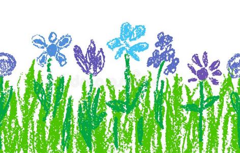 蜡彩色蜡笔或粉笔蓝色花和绿色的草喜欢小孩英文字母表的第19个字母艺术手鼓