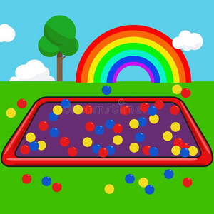 花园小孩和富有色彩的球和彩虹天背景