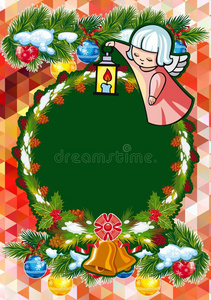 圣诞节假日卡片和松树树枝,甜的小的天使一