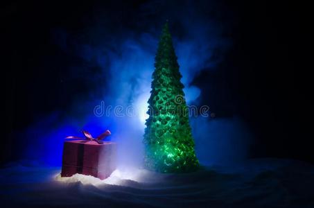红色的圣诞节赠品盒和冷杉树向雪.圣诞节家装饰