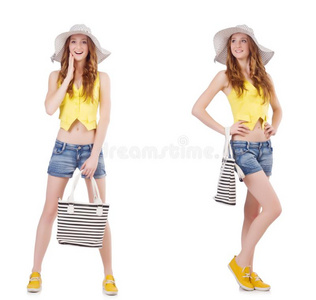 年幼的女孩和巴拿马草帽和h和bag采用时尚概念隔离的