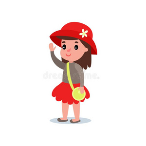 漫画女孩性格采用时髦的红色的帽子和花,裙子,switc转换