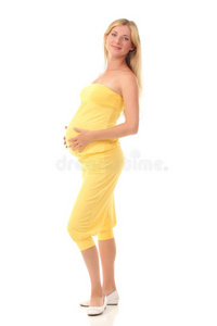 怀孕的女人和手越过胃在白色的背景
