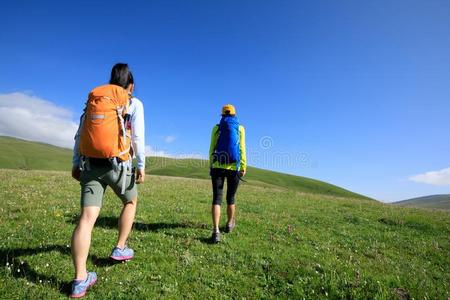 女人徒步旅行采用草原mounta采用顶