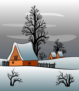 雪夜里的房子绘画图片