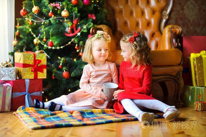 女儿坐向指已提到的人地面在近处指已提到的人节日的圣诞节树