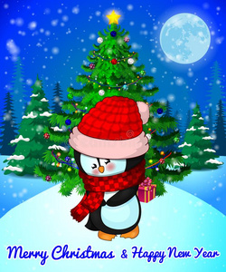 愉快的圣诞节招呼卡片和漂亮的企鹅向森林和Senegal塞内加尔