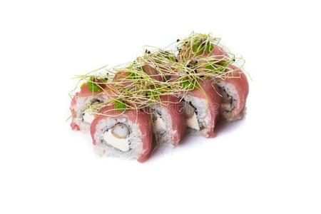 寿司辗放置向隔离的向白色的背景.寿司食物.