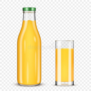 玻璃关于桔子果汁和桔子果汁瓶子向透明的波黑