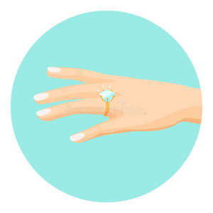 女性的手和钻石订婚戒指向手指