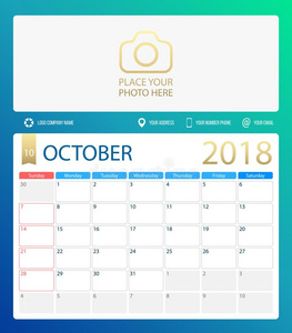 十月2018,说明矢量日历或书桌计划者,一星期