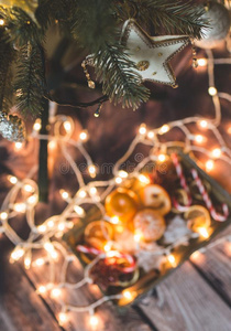 圣诞节背景和家畜的肺脏,装饰,糖果和装饰