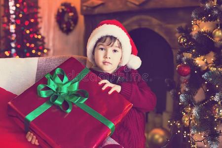 面容,圣诞节帽子,树,赠品,严肃的