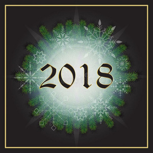 在假日2018新的年明信片和雪花,松树树布兰克