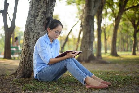 亚洲人女人阅读指已提到的人书在下面树采用指已提到的人花园