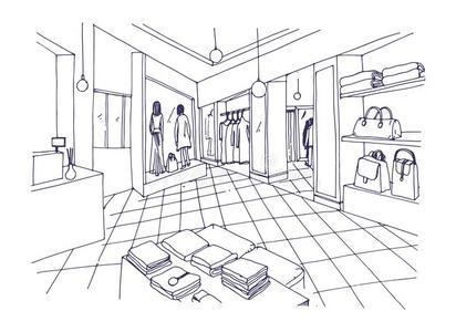 单色画徒手画草图关于衣服陈列室,时装店,走向照片