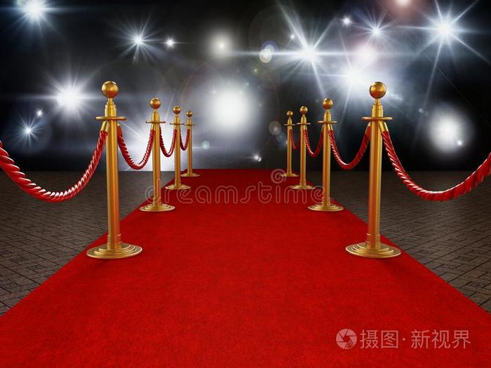 红色的地毯和丝绒栏索向节日夜背景.3英语字母表中的第四个字母illust