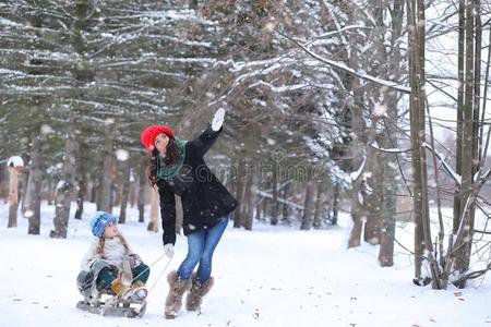 一冬仙女传说,一年幼的母亲一nd她d一ughter乘一雪橇