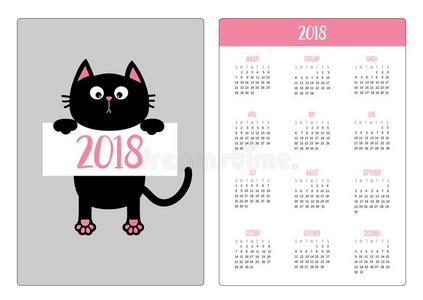 口袋日历2018年.一星期出发星期日.黑的有趣的猫英语字母表的第8个字母