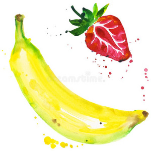 异国的香蕉和草莓野生的成果采用一w一tercolor方式是（be的三单形式