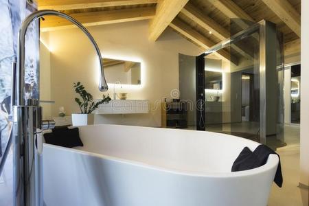 奢侈浴室和阵雨和木材天花板