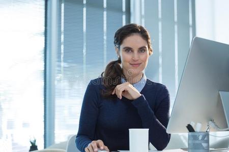 肖像关于女性的总经理工作的向计算机