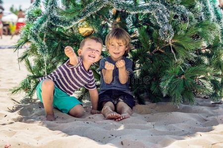 两个男孩是庆祝圣诞节向指已提到的人海滩