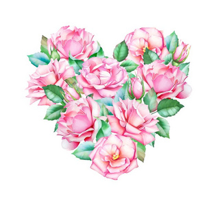美丽的心和水彩手疲惫的粉红色的玫瑰和树叶