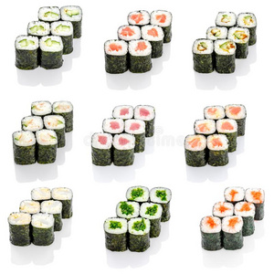拼贴画关于各种各样的寿司日本人饭店菜单向白色的后面