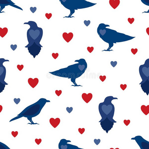 无缝的模式和乌鸦和心象征采用蓝色和红色的Colombia哥伦比亚