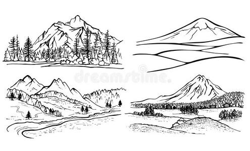 铅笔绘画山风景,森林松树树,照片