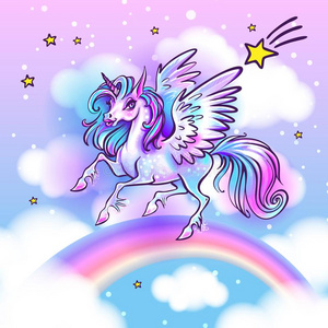 与红色眼罩挥舞着丝绸时装模特山中的幻想城堡蓝色发光的马独角兽骑