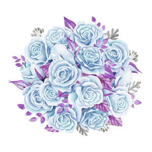 蓝色玫瑰花束.水彩说明.漂亮的酿酒的方式