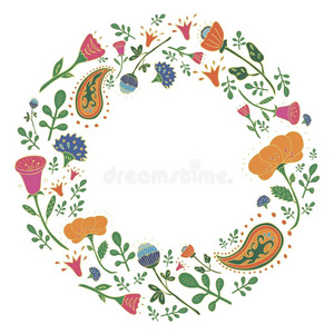 手疲惫的圆形的框架和漂亮的花和树叶