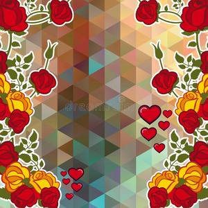 抽象的马赛克背景和装饰的玫瑰和心.