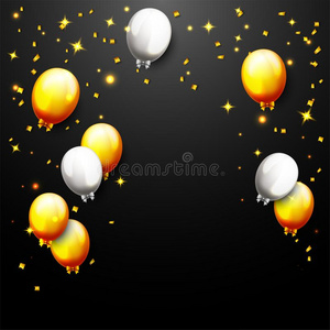 庆祝社交聚会横幅和金色的气球和五彩纸屑
