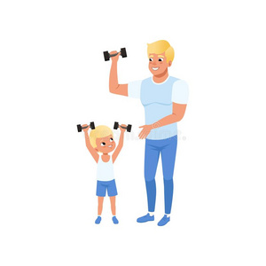 微笑的父亲和他的儿子锻炼和哑铃在健身房.偶然