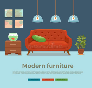 活的房间舒适的内部和富有色彩的沙发