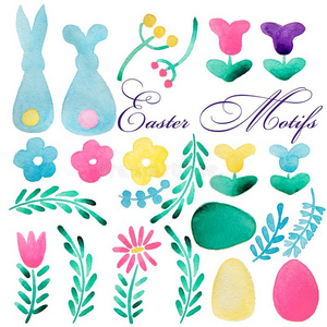 大的复活节收集.兔子,各种各样的装饰的卵,带,